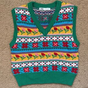 Zara Multicolor Knit Vest with Green Trim S